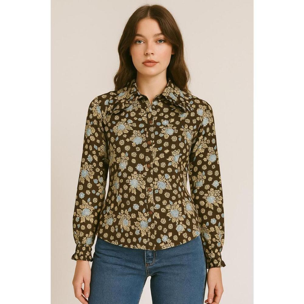 VTG 70s Sz S College Town Brown Blue Floral Ruffle Collar Button Blouse Retro